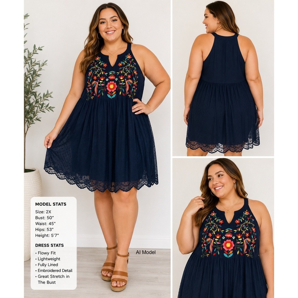 Boho Embroidered Babydoll Dress 2X Blue Floral Bird Peasant Cottagecore Flowy